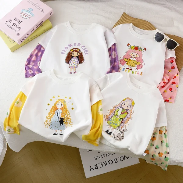 2025 Summer New Style Girls' T-Shirt Sun Protection Sleeve Top Fashionable Baby Outfit Patchwork Children's Clothing-