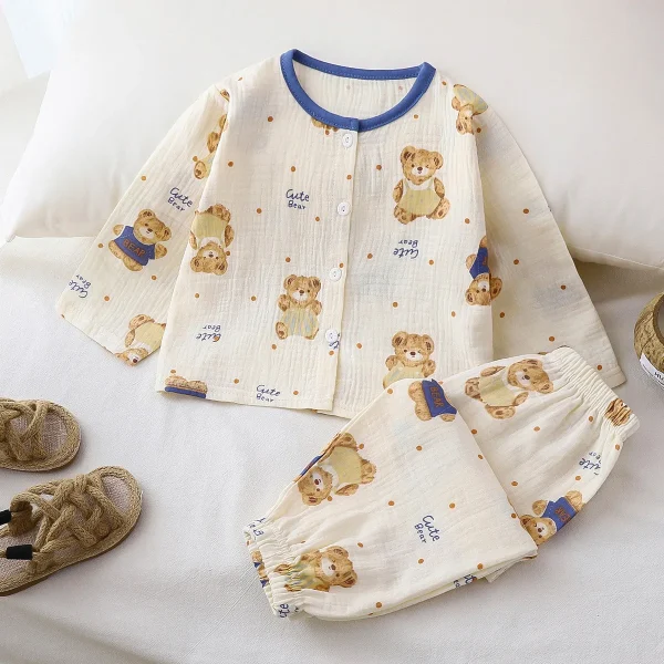 Spring Summer New Kids Clothes Cotton Pajamas Set Children's Gauze Long Sleeve Set Bear Fruit Home Wear Suit