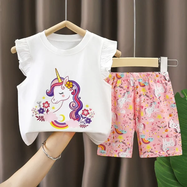 Girls' European American Style Summer Outfit New Style Two-Piece Set Flutter Sleeve Shorts Bows Pure Cotton Short Sleeve Set for - Image 2
