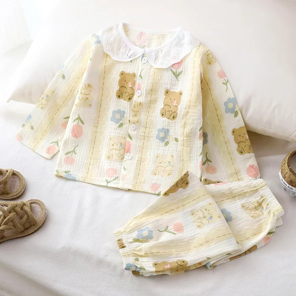 Girls Double-layer Cotton Pajamas Set Summer Loose Long Sleeve Air-conditioned Sleepwear for Kid Girls - Image 6