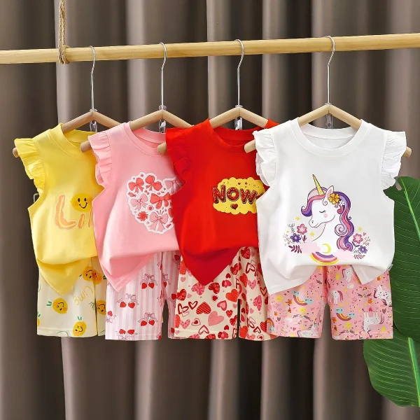 Girls' European American Style Summer Outfit New Style Two-Piece Set Flutter Sleeve Shorts Bows Pure Cotton Short Sleeve Set for